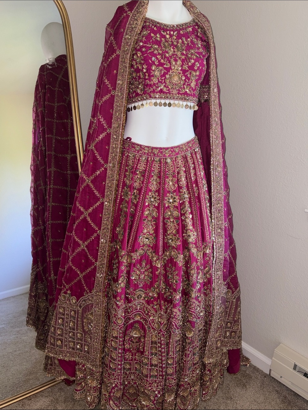 Embroidered Magenta Lehenga with Gold Detailing size small Indian party outfit